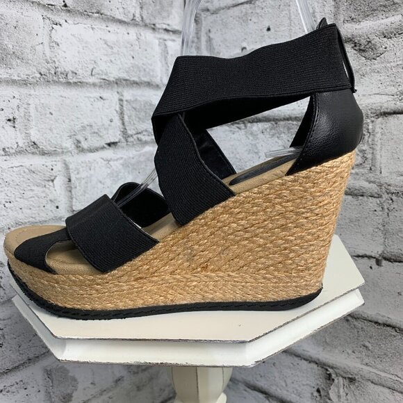 Kenneth Cole Strappy Black Elastic Espadrille Wedge Sandals - Picture 1 of 11